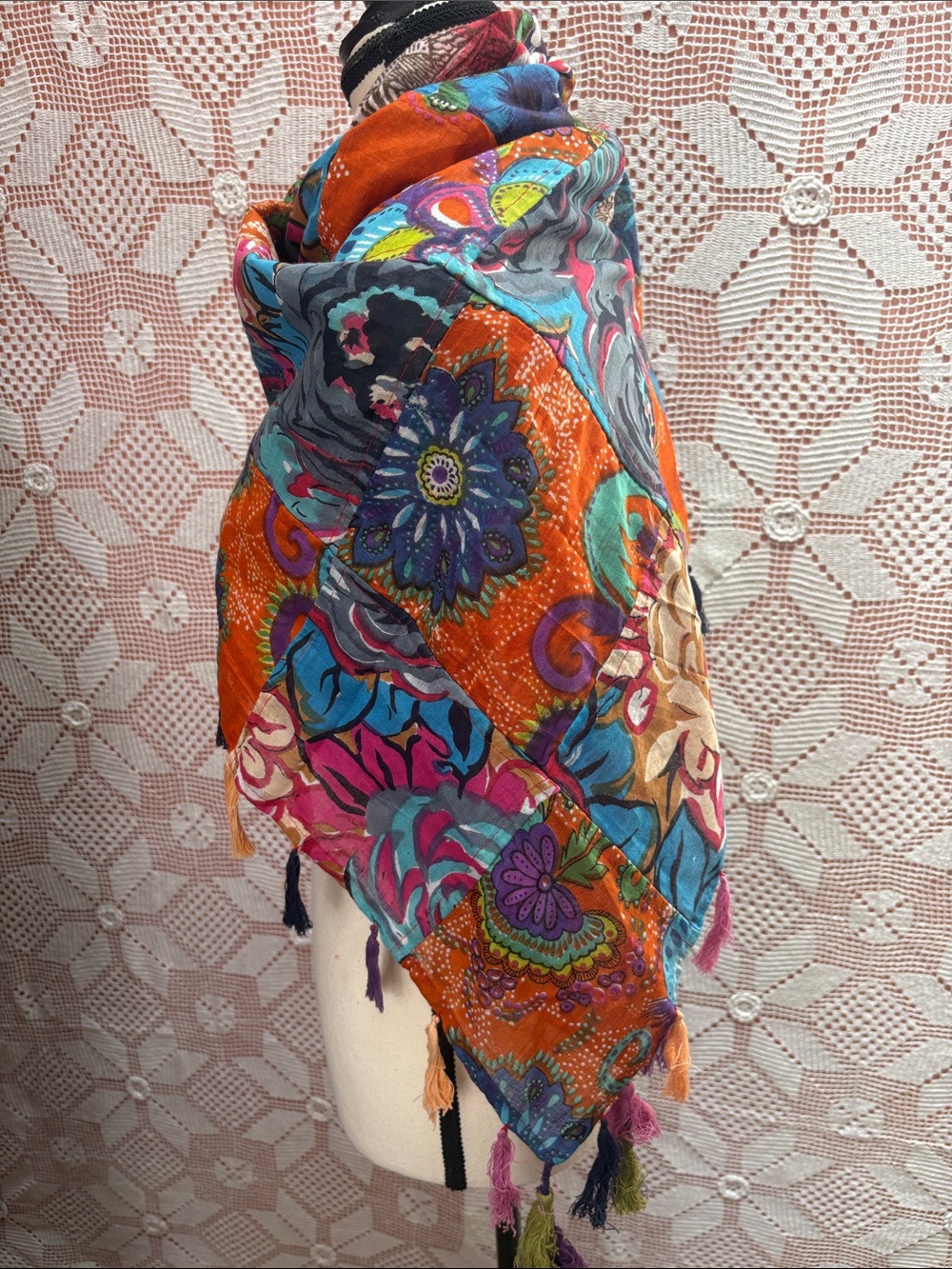 Multicolor Floral Patchwork Fringe Wrap Scarf - Picture 5 of 12